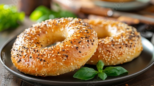 Classic Cream Cheese Bagel : A perfectly toasted bagel sliced in half, generously spread with smooth cream cheese, served on a dark plate. © steve