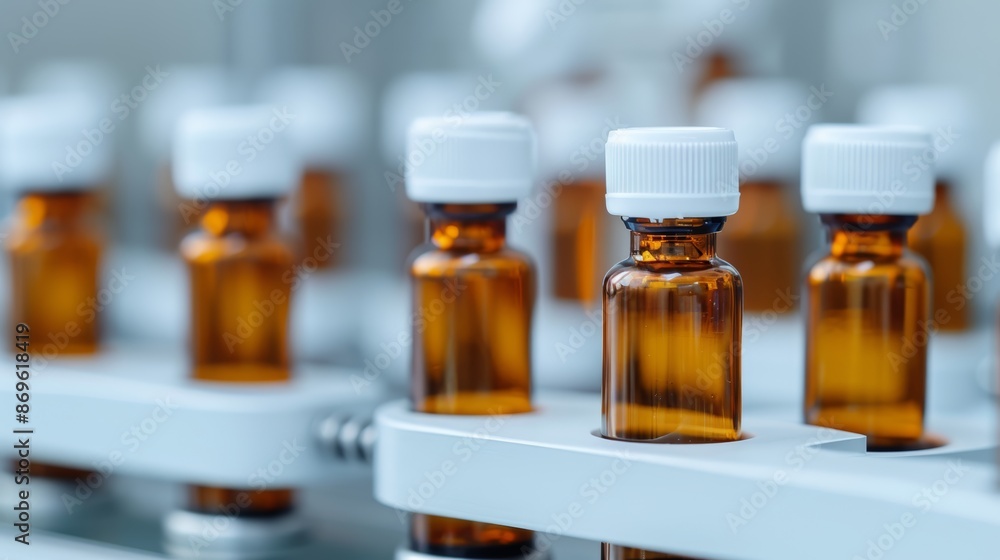 Medical vials on production line at pharmaceutical factory, Pharmaceutical machine working pharmaceutical glass bottles production line Medical vials on production line at pharmaceutical factory, Pharmaceutical machine working pharmaceutical glass bottles production line