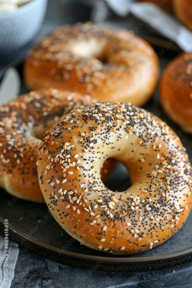 Classic Bagel : Perfectly toasted bagels, served on a dark plate. Classic Bagel : Perfectly toasted bagels, served on a dark plate.