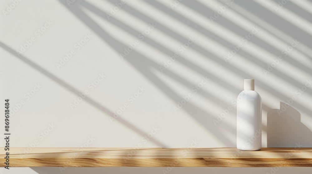 Minimalist wooden table counter with natural grain, bathed in sunlight, casting shadows on a white wall, perfect for displaying luxury cosmetics, skincare, or beauty products Minimalist wooden table counter with natural grain, bathed in sunlight, casting shadows on a white wall, perfect for displaying luxury cosmetics, skincare, or beauty products