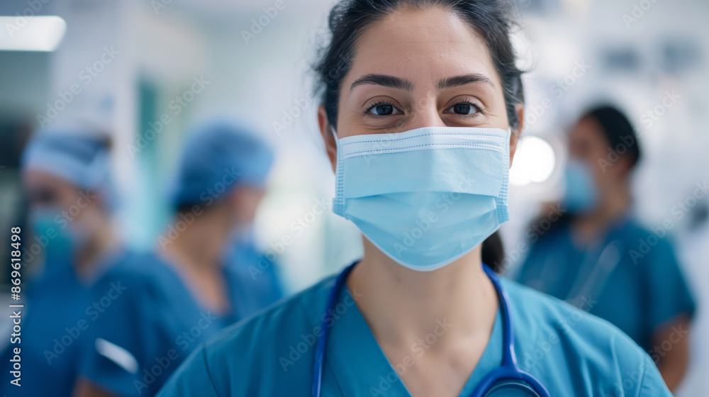 Female doctor wearing surgical mask in hospital setting. Female doctor wearing surgical mask in hospital setting.