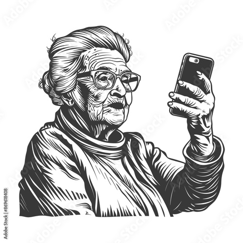 Engraved Grandma: Modern Elder with Smartphone, Vintage Illustration, Tech Savvy Senior