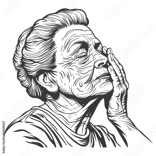 Contemplative Elder: Hand to Face, Closed Eyes, Detailed Line Art, Aging Portrait.