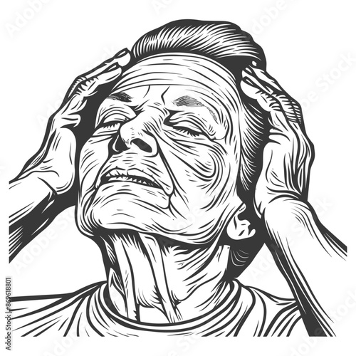 Etched Anguish: Senior Woman with Hands on Head, Eyes Closed, Detailed Line Art.