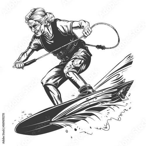 Wakeboarding Woman, Retro Engraving Style, Vector Illustration