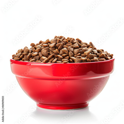 Dry cat food in a red bowl, isolated on a white background