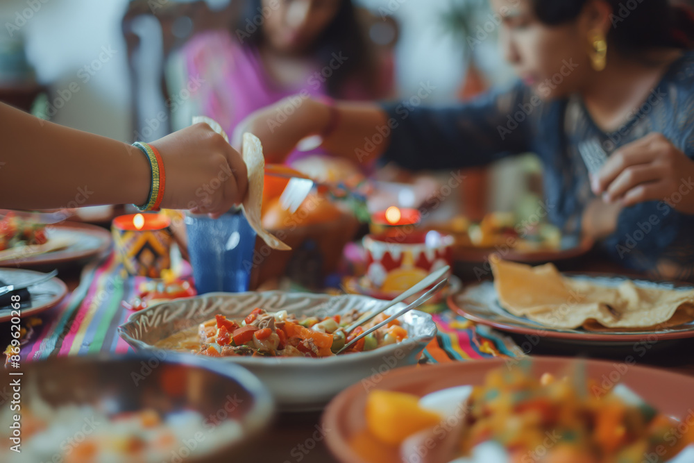 Family Enjoying Traditional Meal Together with Colorful Tablescape Family Enjoying Traditional Meal Together with Colorful Tablescape