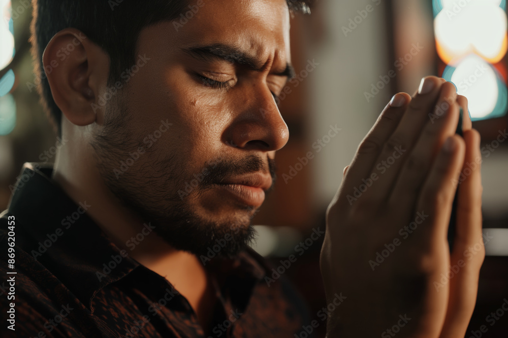 Young Man Praying with Hands Clasped in a Church, Deep in Thought and Devotion Young Man Praying with Hands Clasped in a Church, Deep in Thought and Devotion