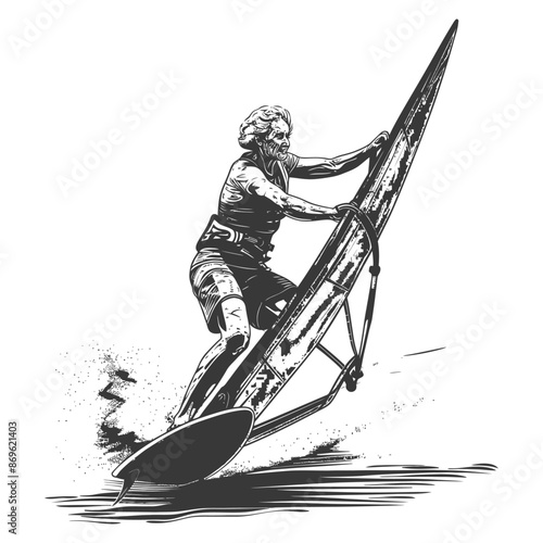 Windsurfer Sketch: Determined Old Man Riding the Waves.
