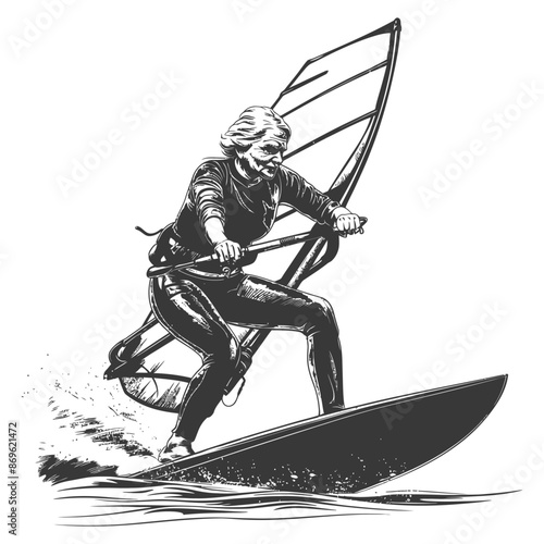 Monochrome Windsurfer: Vintage Style Vector Illustration