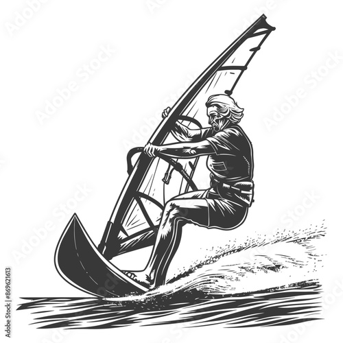 Monochrome Windsurfer: Retro Illustration of Man on Sailboard Surfing Wave