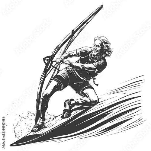 Engraved Windsurfer: Man with Long Hair Rides the Waves, Monochromatic Adventure.
