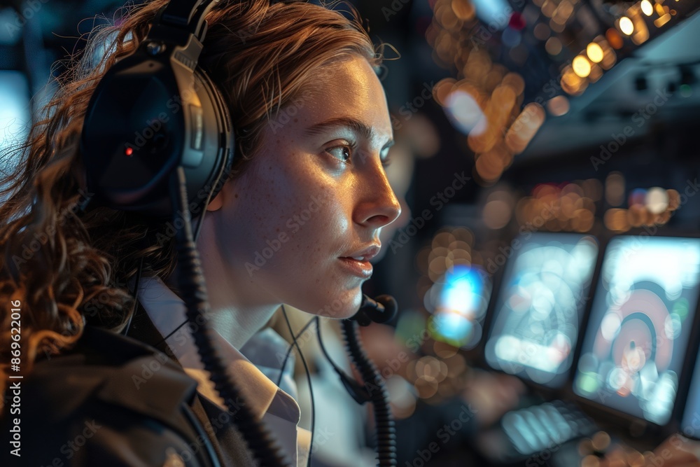 Young female pilot in a flight simulator, focusing intently on controls. Scene highlights the importance of training and precision in aviation, combining technology and human skill for safety. Young female pilot in a flight simulator, focusing intently on controls. Scene highlights the importance of training and precision in aviation, combining technology and human skill for safety.