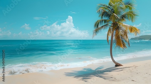 Swaying Coconut Tree on Pristine Tropical Beach with Vibrant Ocean and Sky in Midday Sunlight