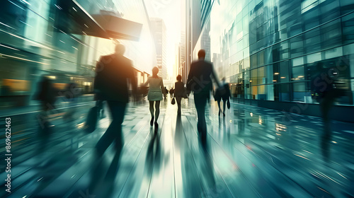 Abstract long exposure motion crowd of business people walking commercial centre corporate office in modern city downtown street. Fast pace busy crowded stress professional finance businessman