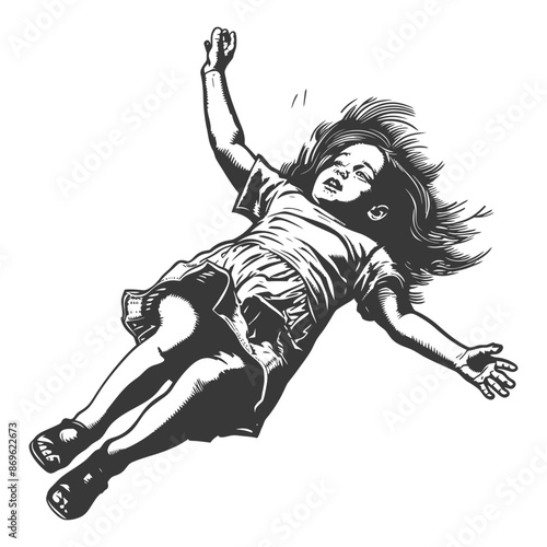 Falling Child: Etched Illustration of Girl in Mid-Air, Eyes Closed, Dramatic Hair.
