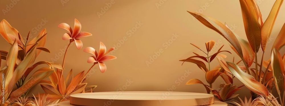 This tropical floral podium background showcases pink and orange flowers, perfect for displaying products or hosting events. Its elegant and stylish, with a touch of luxurious nature This tropical floral podium background showcases pink and orange flowers, perfect for displaying products or hosting events. Its elegant and stylish, with a touch of luxurious nature