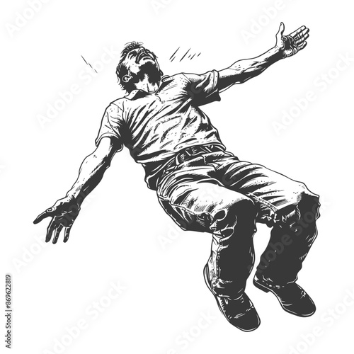 Ink Drawing: Man Falling Backwards, Arms Outstretched, Expression of Shock.