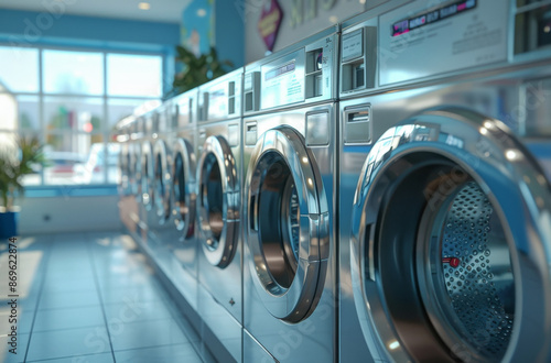 A row of industrial washing machines in a public laundromat.