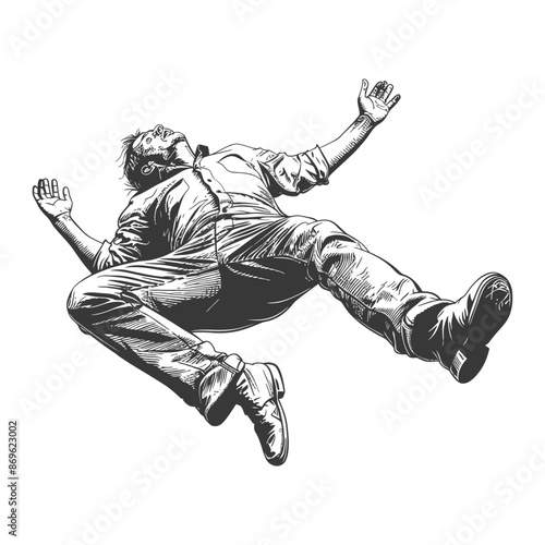 Man Falling, Arms Extended: Ink Illustration, Fear or Surrender.