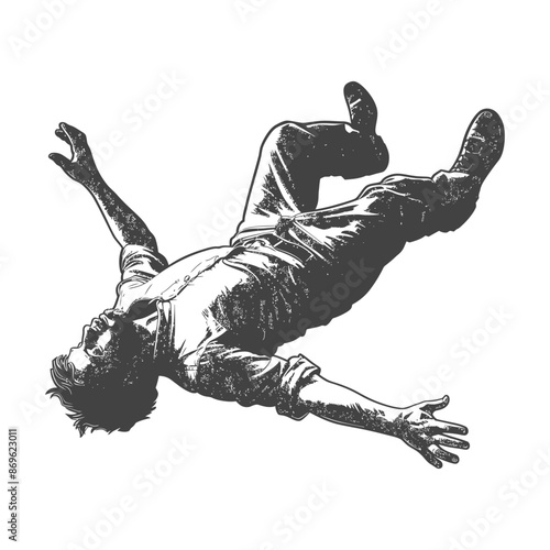 Falling Man: Vintage Woodcut Style Illustration on White