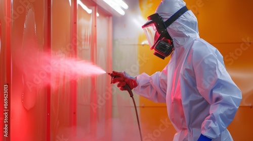 Fototapeta Naklejka Na Ścianę i Meble -  A worker in a protective suit and respirator sprays red paint onto a metal surface in an industrial facility.