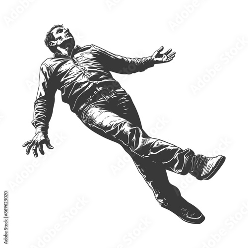 Monochrome Man Floating, Head Back, Arms Outstretched, Vector Illustration