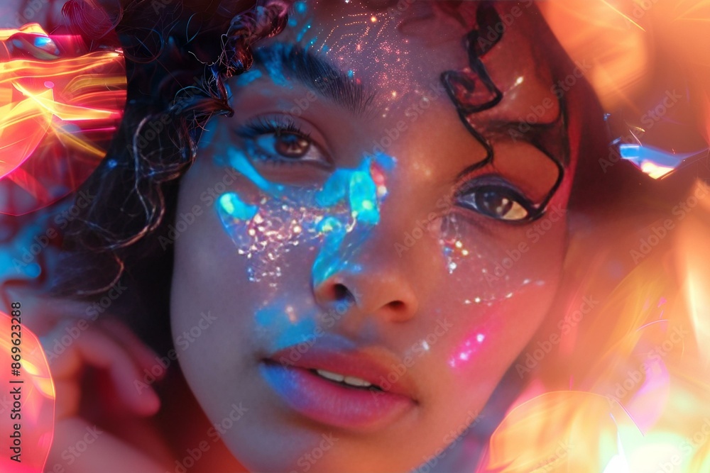 A woman with vibrant makeup and glitter accents, adding a touch . A woman with vibrant makeup and glitter accents, adding a touch .