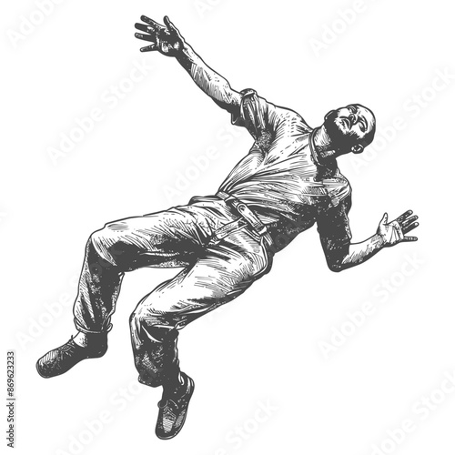 falling man falling from a great height with engraving style