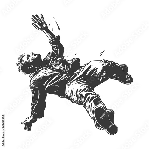falling man falling from a great height with engraving style