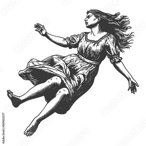 falling woman falling from a great height with engraving style