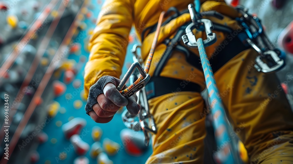 Climber Clipping Into Carabiner at Indoor Climbing Gym With Blurred Background Climber Clipping Into Carabiner at Indoor Climbing Gym With Blurred Background
