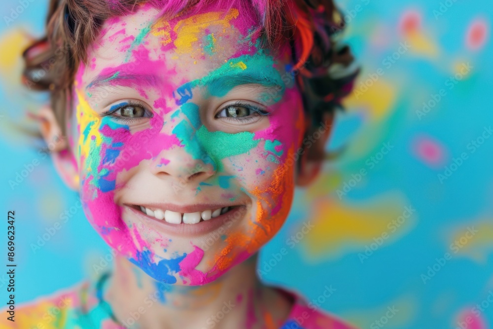 Joyful child with a colorful painted face, smiles brightly against a vibrant blue background, showcasing creativity and happiness. Joyful child with a colorful painted face, smiles brightly against a vibrant blue background, showcasing creativity and happiness.