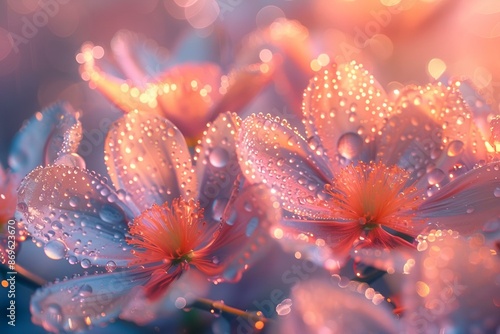 Lush blooms with sparkling water droplets.