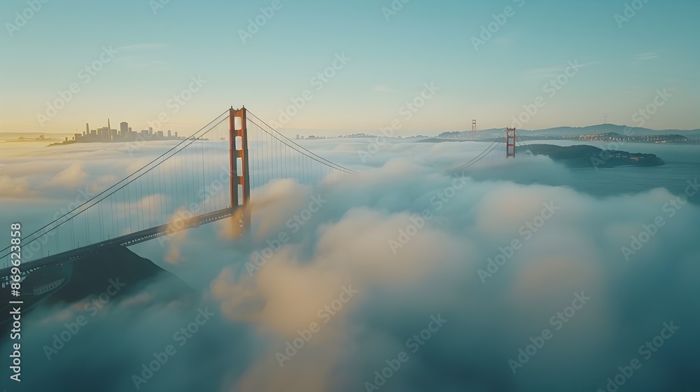 Obraz premium Dramatic Aerial View of Iconic Golden Gate Bridge Amidst Fog and City Skyline