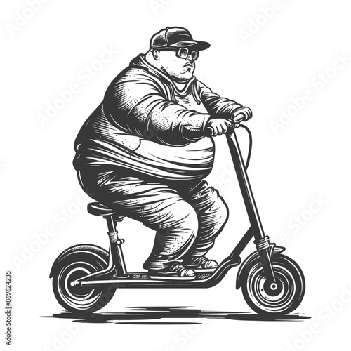 fat boy riding electric scooter with engraving style black color only