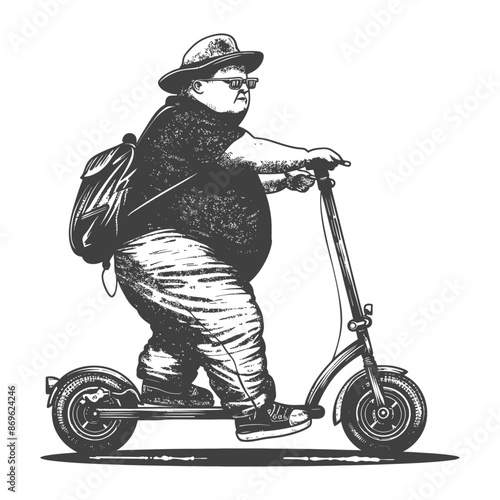 fat boy riding electric scooter with engraving style black color only