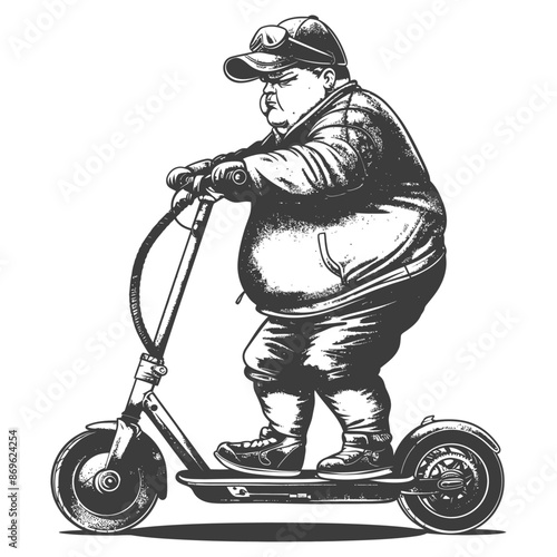 fat boy riding electric scooter with engraving style black color only