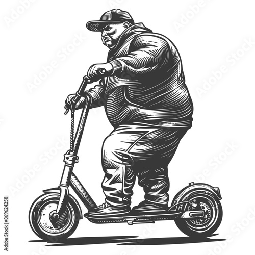 fat boy riding electric scooter with engraving style black color only