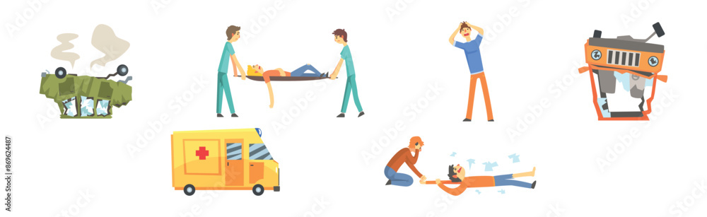 Road Traffic Accident with Ambulance Car Arrived at the Place Vector Set Road Traffic Accident with Ambulance Car Arrived at the Place Vector Set