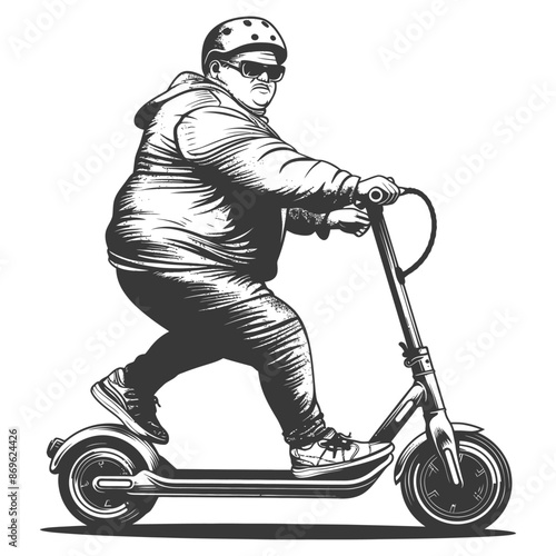 fat boy riding electric scooter with engraving style black color only