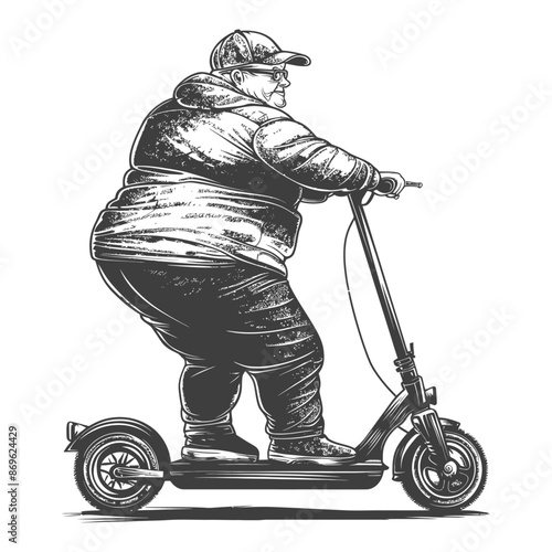 fat boy riding electric scooter with engraving style black color only