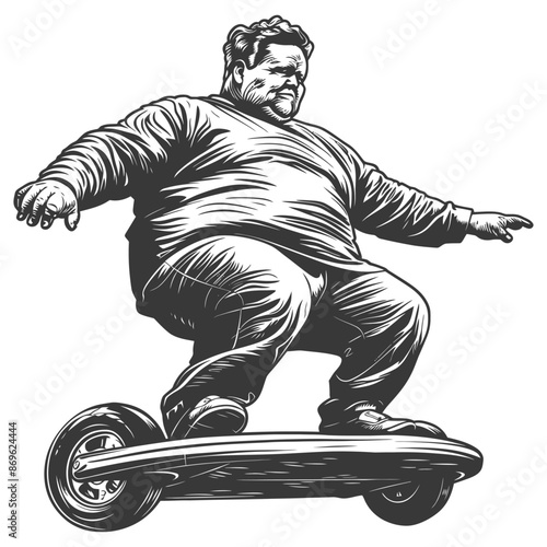 fat boy riding hoverboard with engraving style black color only