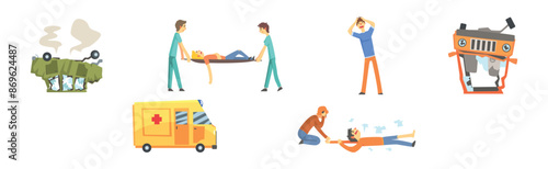 Road Traffic Accident with Ambulance Car Arrived at the Place Vector Set