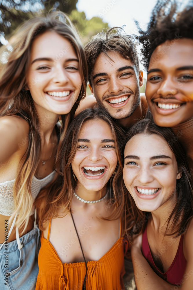 Obraz premium Happy Multiracial Friends Taking Selfie in Park on Summer Day Smiling and Having Fun Together