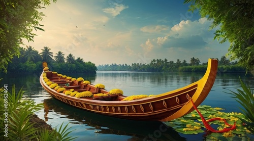 South Indian Festival Onam Boat at river on decorative
