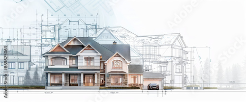 Detailed architectural blueprint overlaying a realistic house design, illustrating the process of home planning and construction in architecture.