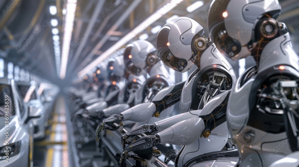 A row of robots work diligently on an assembly line, producing cars in a futuristic factory. The robots are sleek and white, with intricate mechanical parts visible. A row of robots work diligently on an assembly line, producing cars in a futuristic factory. The robots are sleek and white, with intricate mechanical parts visible.