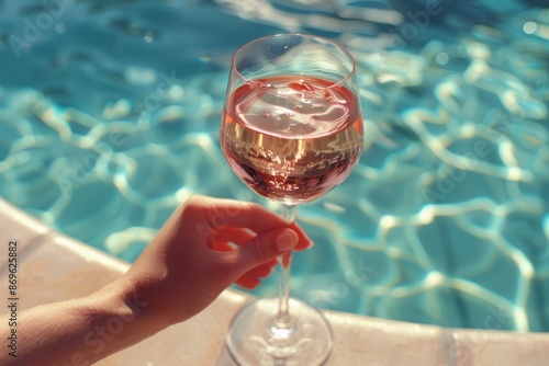A Glass of Rose Wine by the Pool on a Sunny Day
