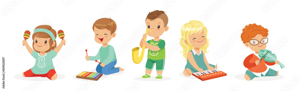 Little Kids Playing Musical Instrument Vector Illustration Set Little Kids Playing Musical Instrument Vector Illustration Set